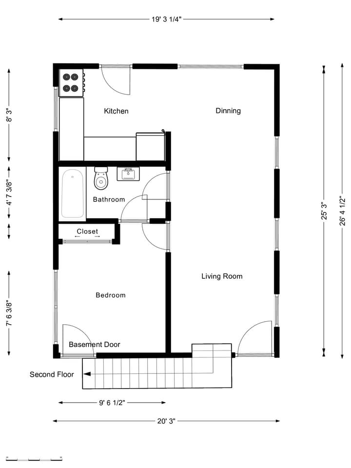 First floor plan: kitchen and dining area across the front, living room along one side, a bedroom and full bathroom, a closet, the basement door, and stairs up to the second floor. Approximately 19 feet 3 inches by 25 feet 3 inches.
