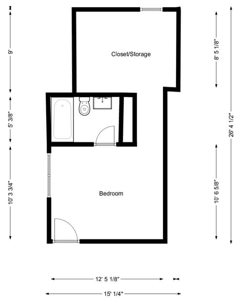 Second floor plan: a bedroom, a full bathroom with a tub, and a separate closet and storage room. Approximately 15 feet 1 inch by 26 feet 4 inches.